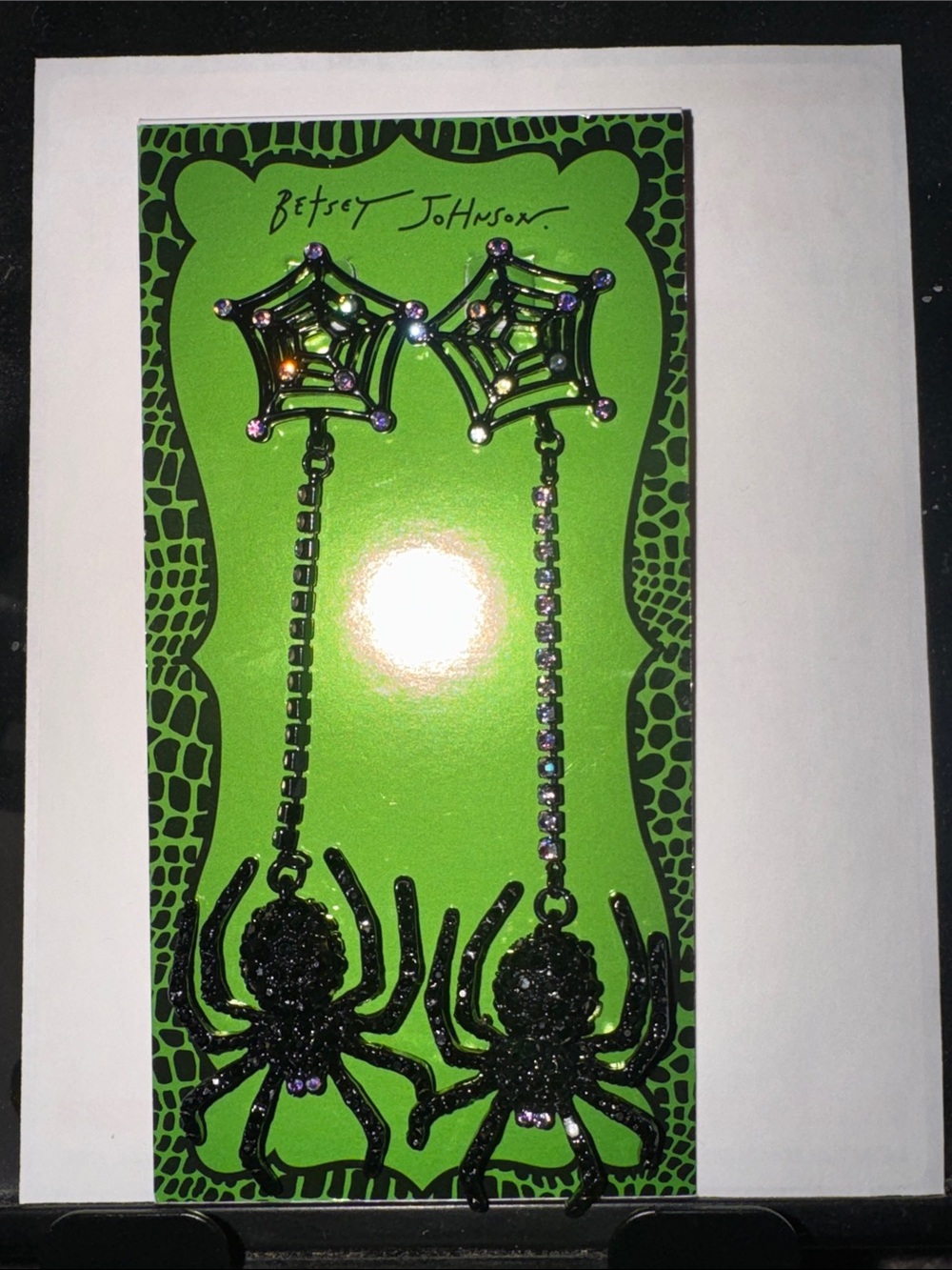 Betsey Johnson Crystal Beaded Spider Web Black Spider Drop Dangle Earrings